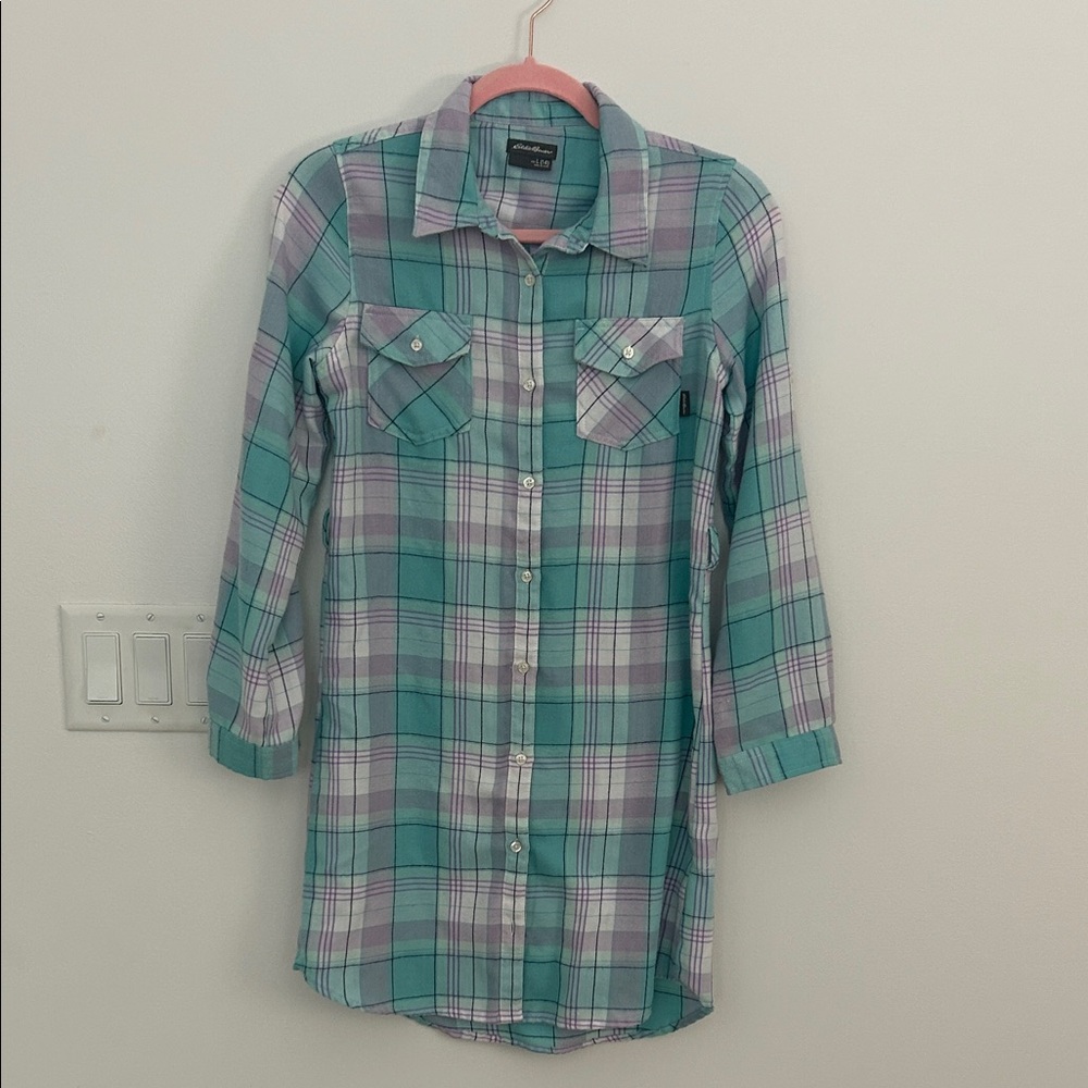 Eddie Bauer Kids Plaid Shirt Dress Size Large 14 Teal Purple Button Front